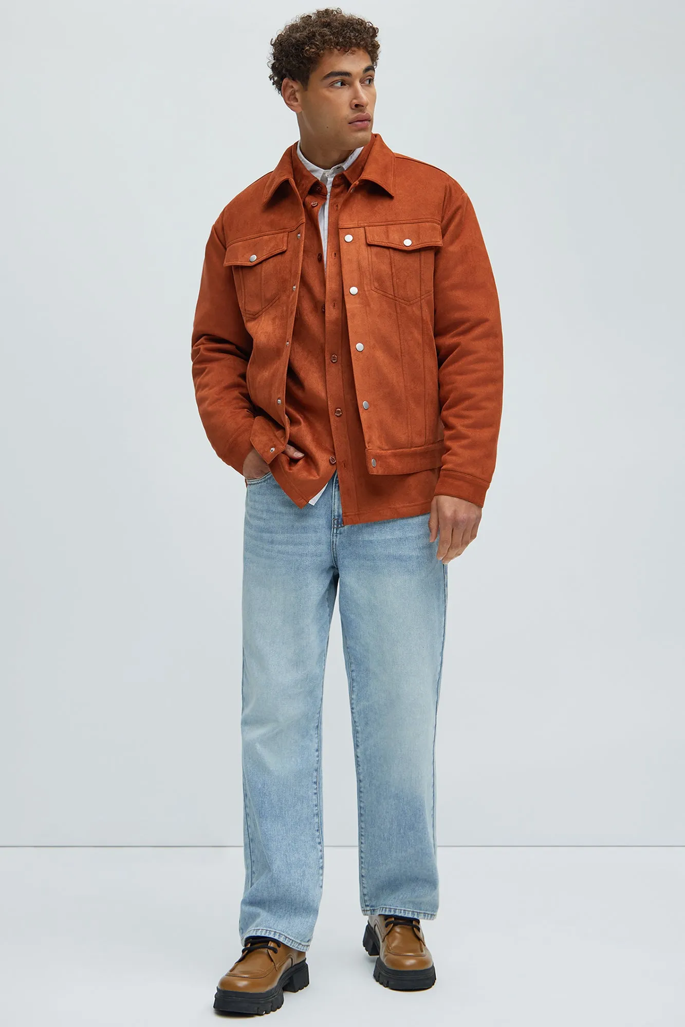 Ardee Faux Suede Padded Trucker Jacket - Brown