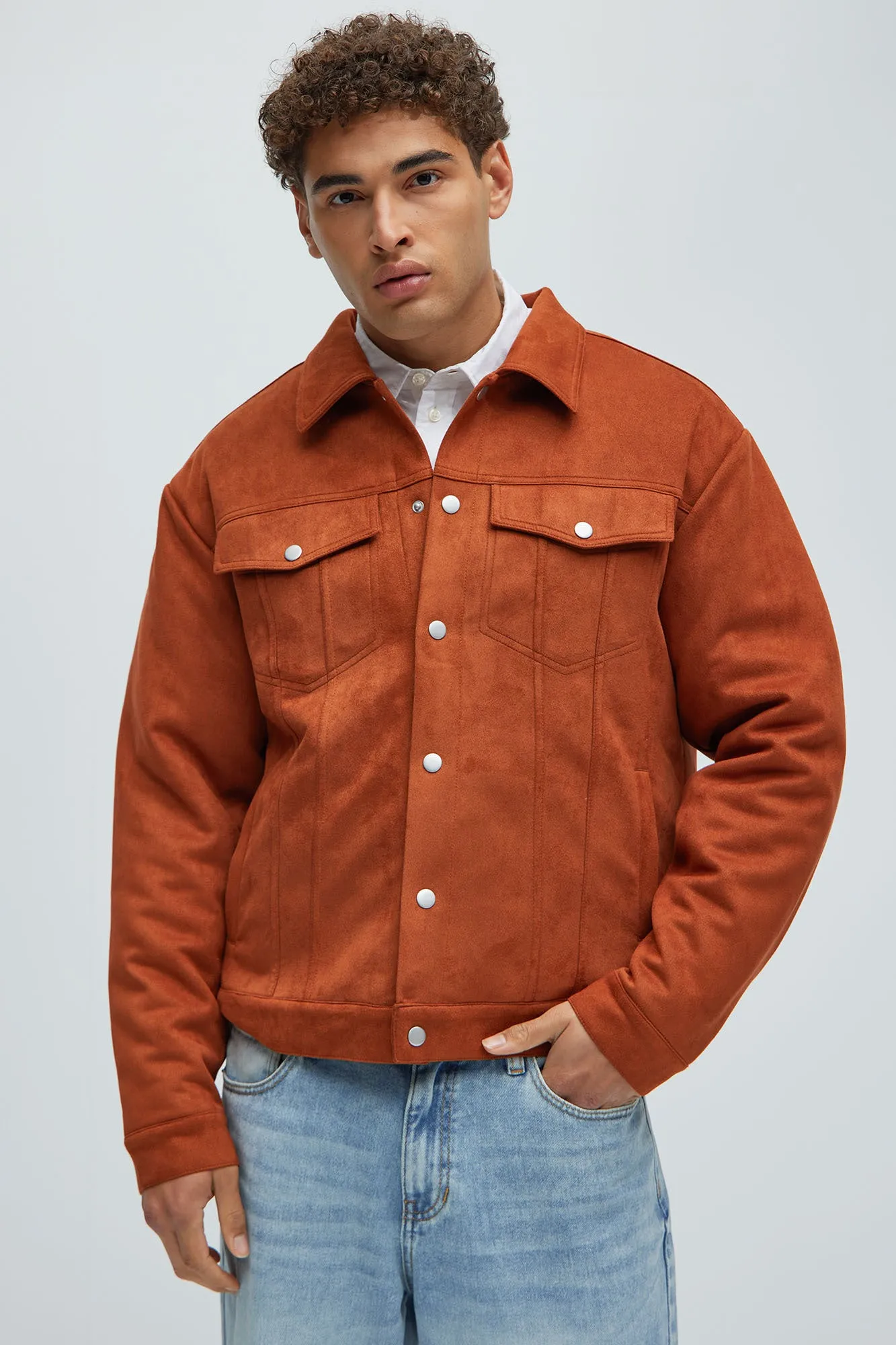 Ardee Faux Suede Padded Trucker Jacket - Brown
