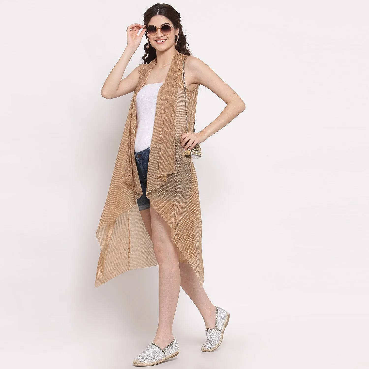 Beige Plisse Long Shrug