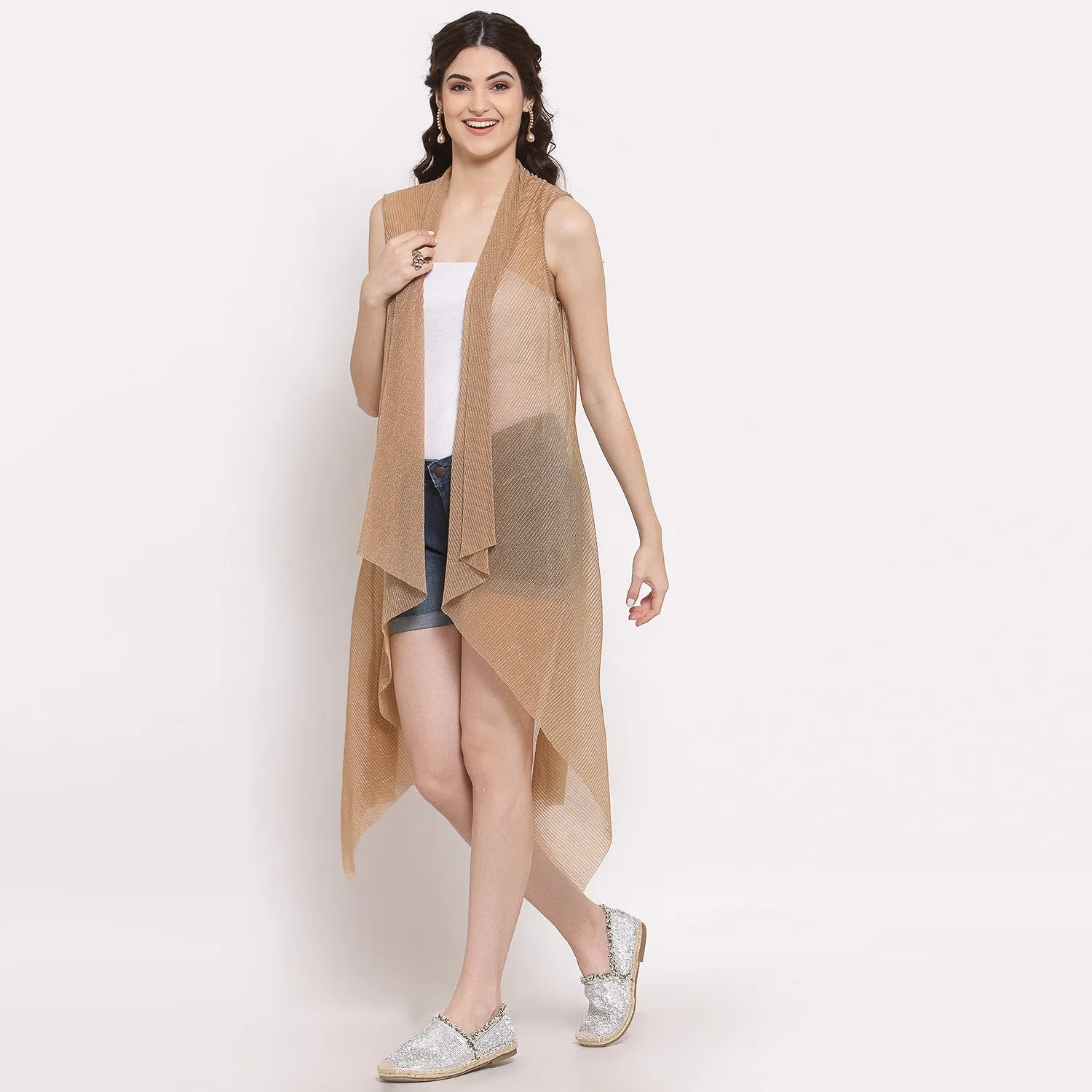 Beige Plisse Long Shrug