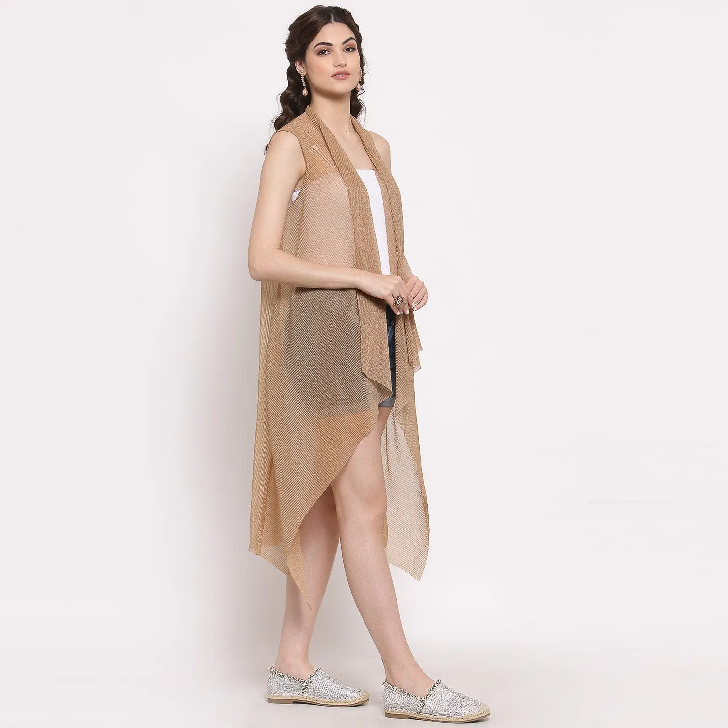 Beige Plisse Long Shrug