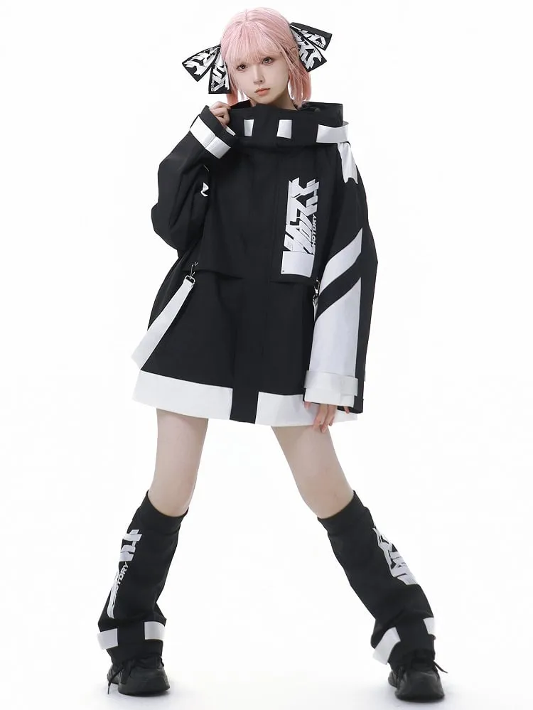 Black and White Jirai Kei  Techwear Straps Design Hooded Windbreaker Jacket