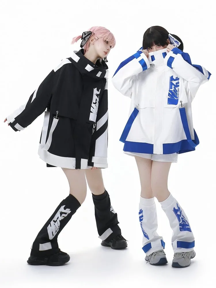 Black and White Jirai Kei  Techwear Straps Design Hooded Windbreaker Jacket