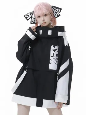 Black and White Jirai Kei  Techwear Straps Design Hooded Windbreaker Jacket