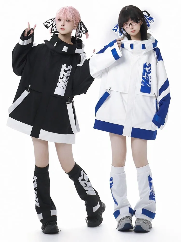 Black and White Jirai Kei  Techwear Straps Design Hooded Windbreaker Jacket