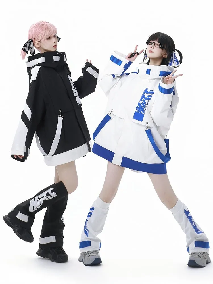 Black and White Jirai Kei  Techwear Straps Design Hooded Windbreaker Jacket