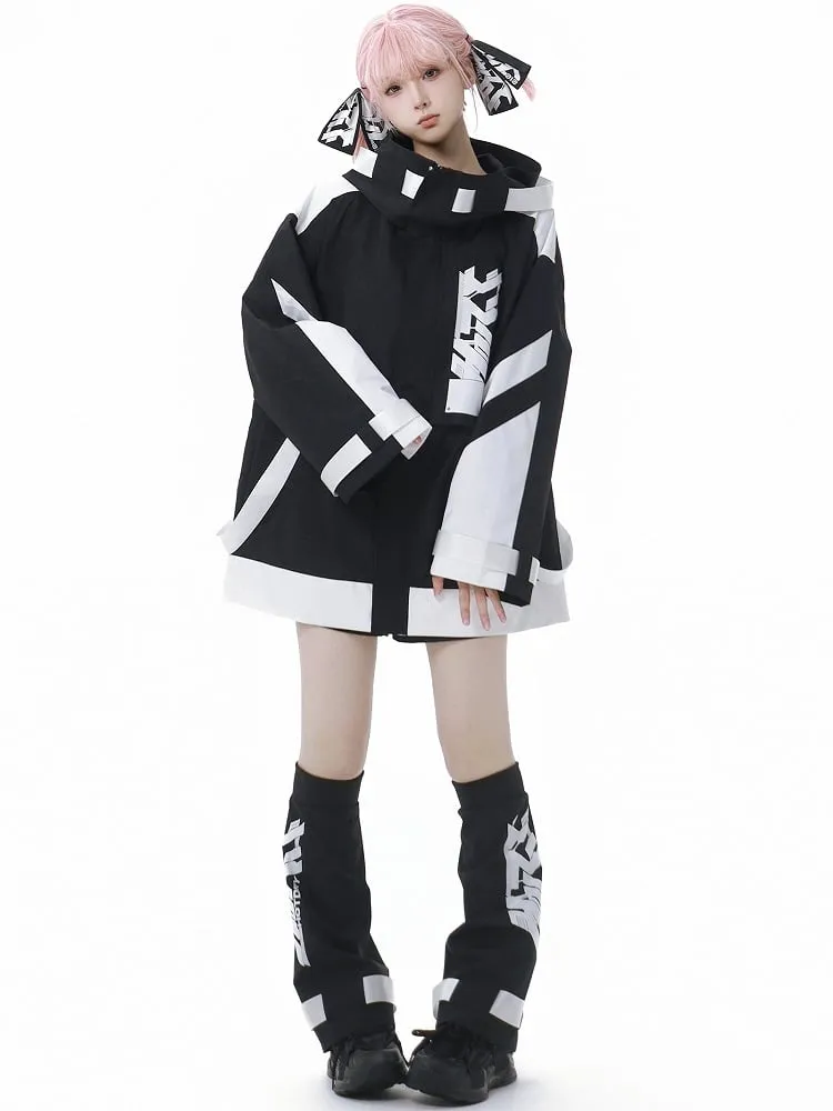 Black and White Jirai Kei  Techwear Straps Design Hooded Windbreaker Jacket