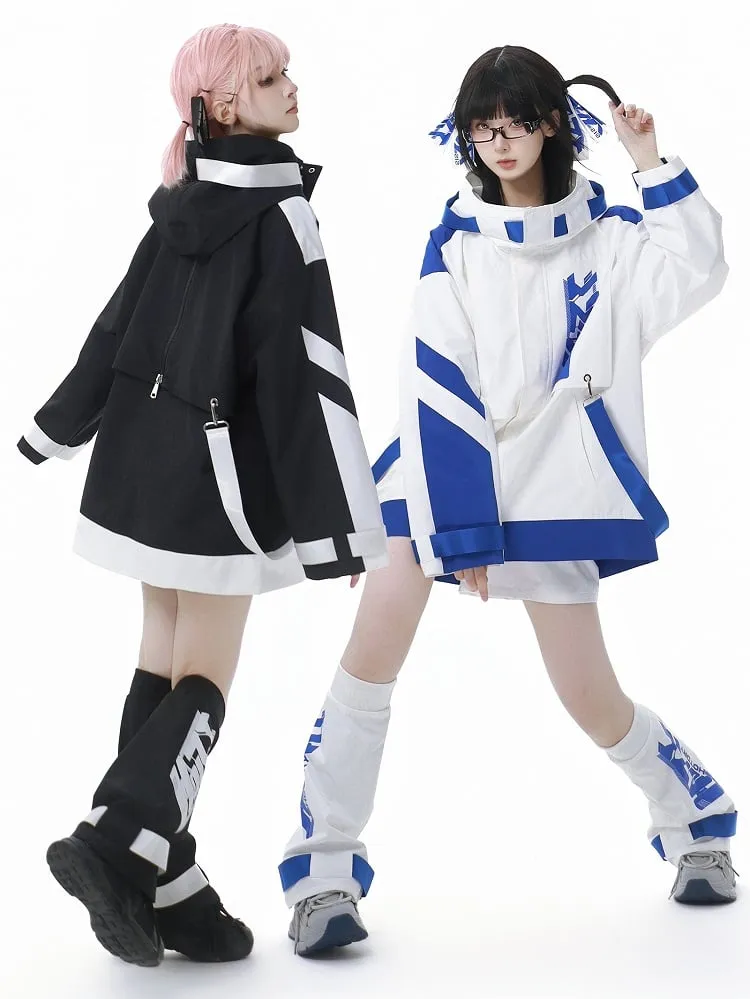 Black and White Jirai Kei  Techwear Straps Design Hooded Windbreaker Jacket
