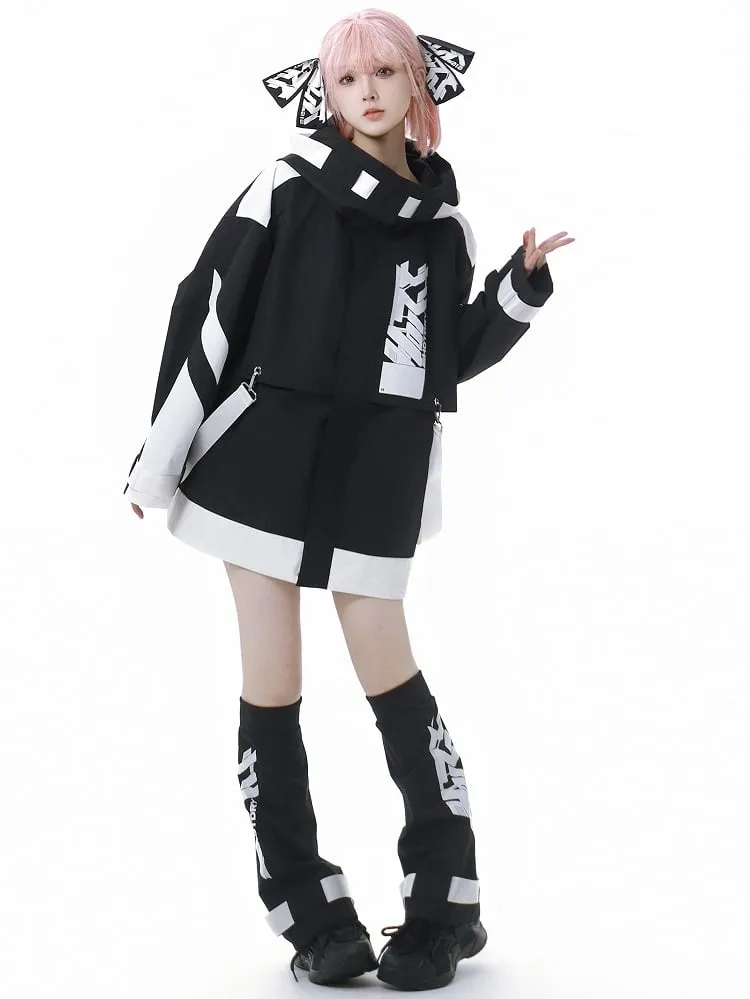 Black and White Jirai Kei  Techwear Straps Design Hooded Windbreaker Jacket