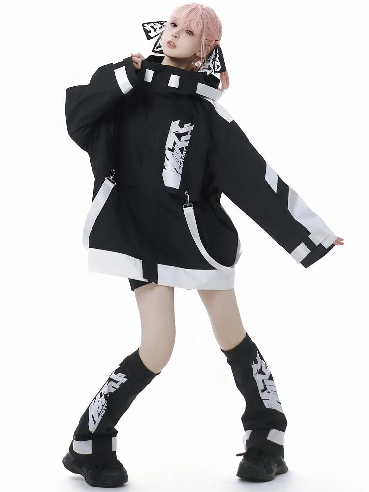 Black and White Jirai Kei  Techwear Straps Design Hooded Windbreaker Jacket