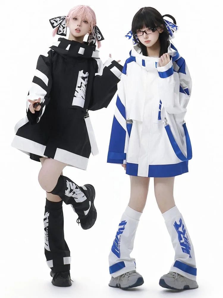 Black and White Jirai Kei  Techwear Straps Design Hooded Windbreaker Jacket
