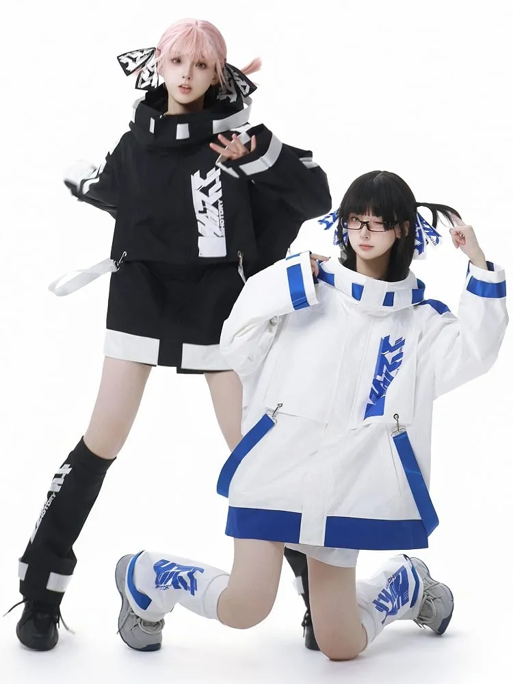 Black and White Jirai Kei  Techwear Straps Design Hooded Windbreaker Jacket