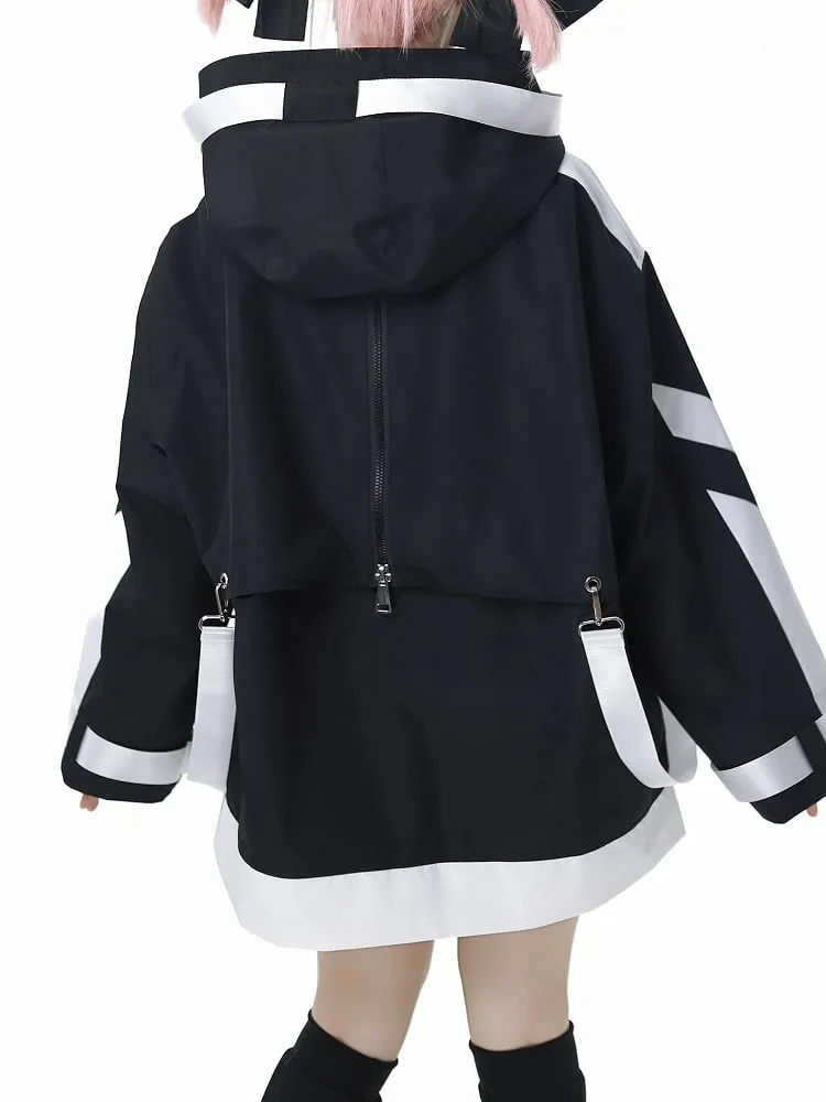 Black and White Jirai Kei  Techwear Straps Design Hooded Windbreaker Jacket