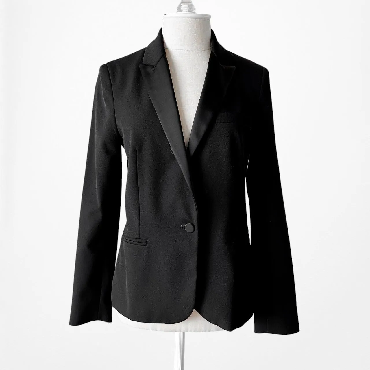 Black Shoulder Padded Single Button Satin Trim Tailored Blazer Jacket Size S