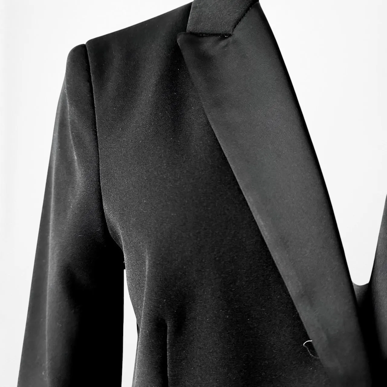 Black Shoulder Padded Single Button Satin Trim Tailored Blazer Jacket Size S