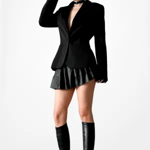 Black Shoulder Padded Single Button Satin Trim Tailored Blazer Jacket Size S