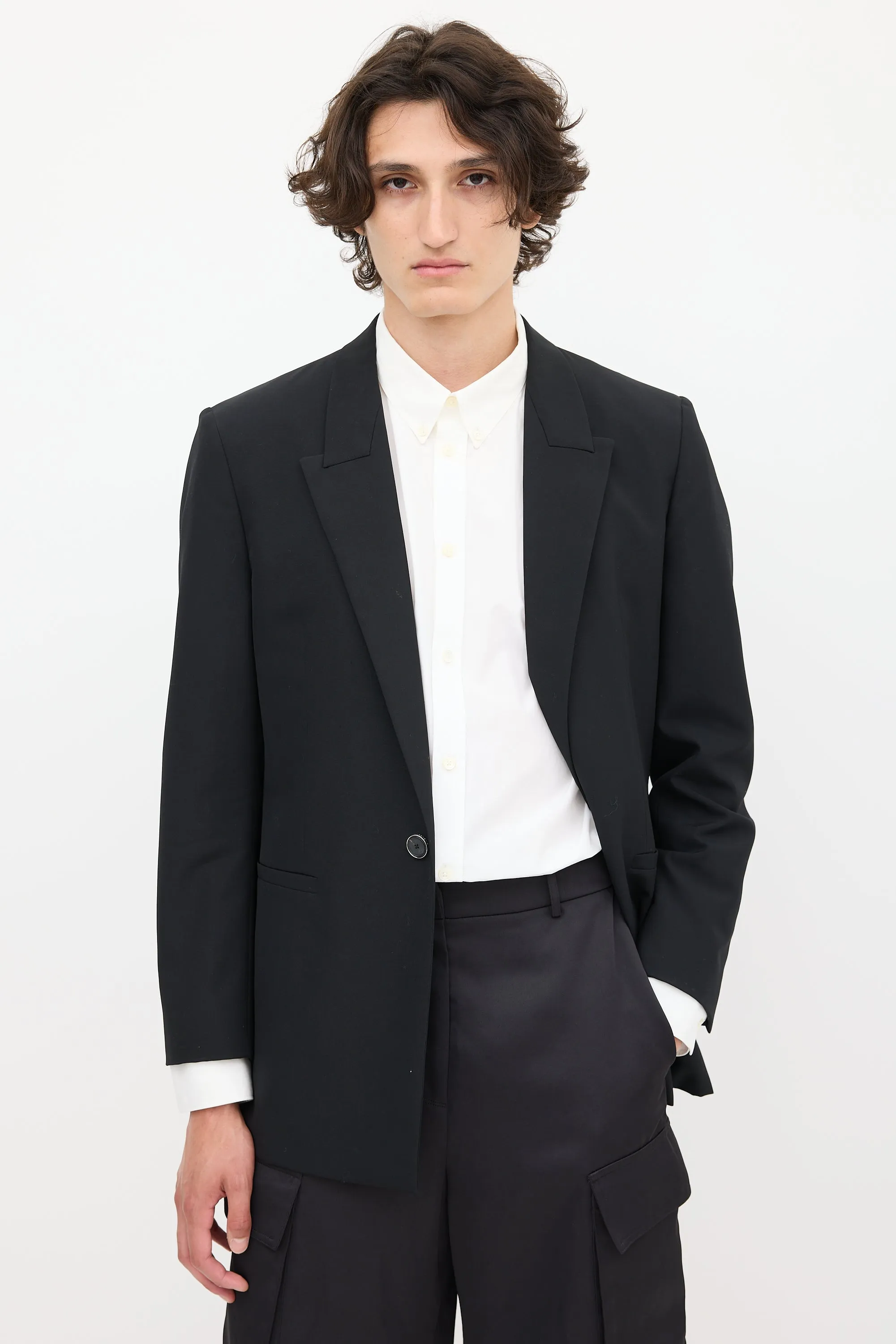 Black Wool One Button Blazer