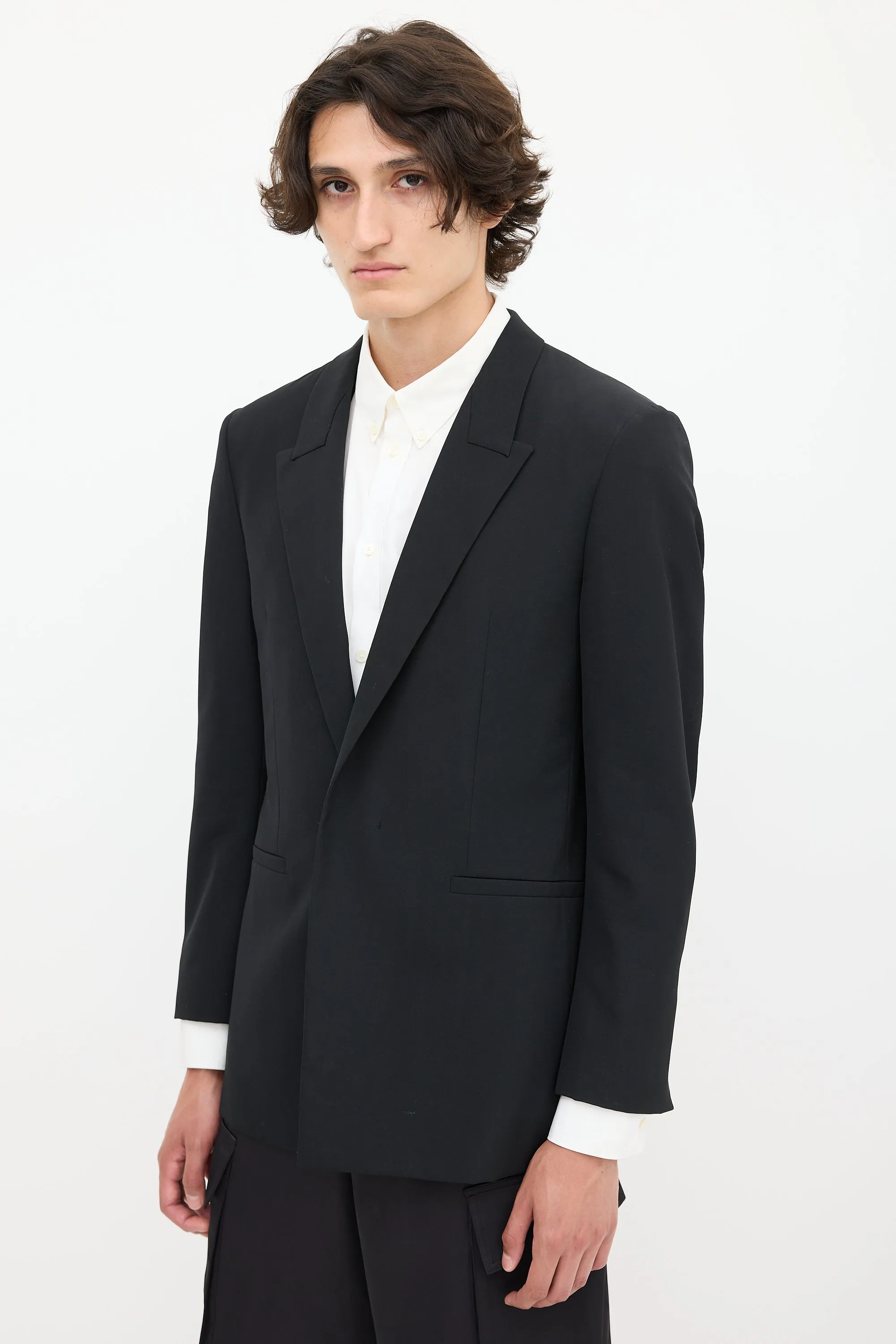 Black Wool One Button Blazer