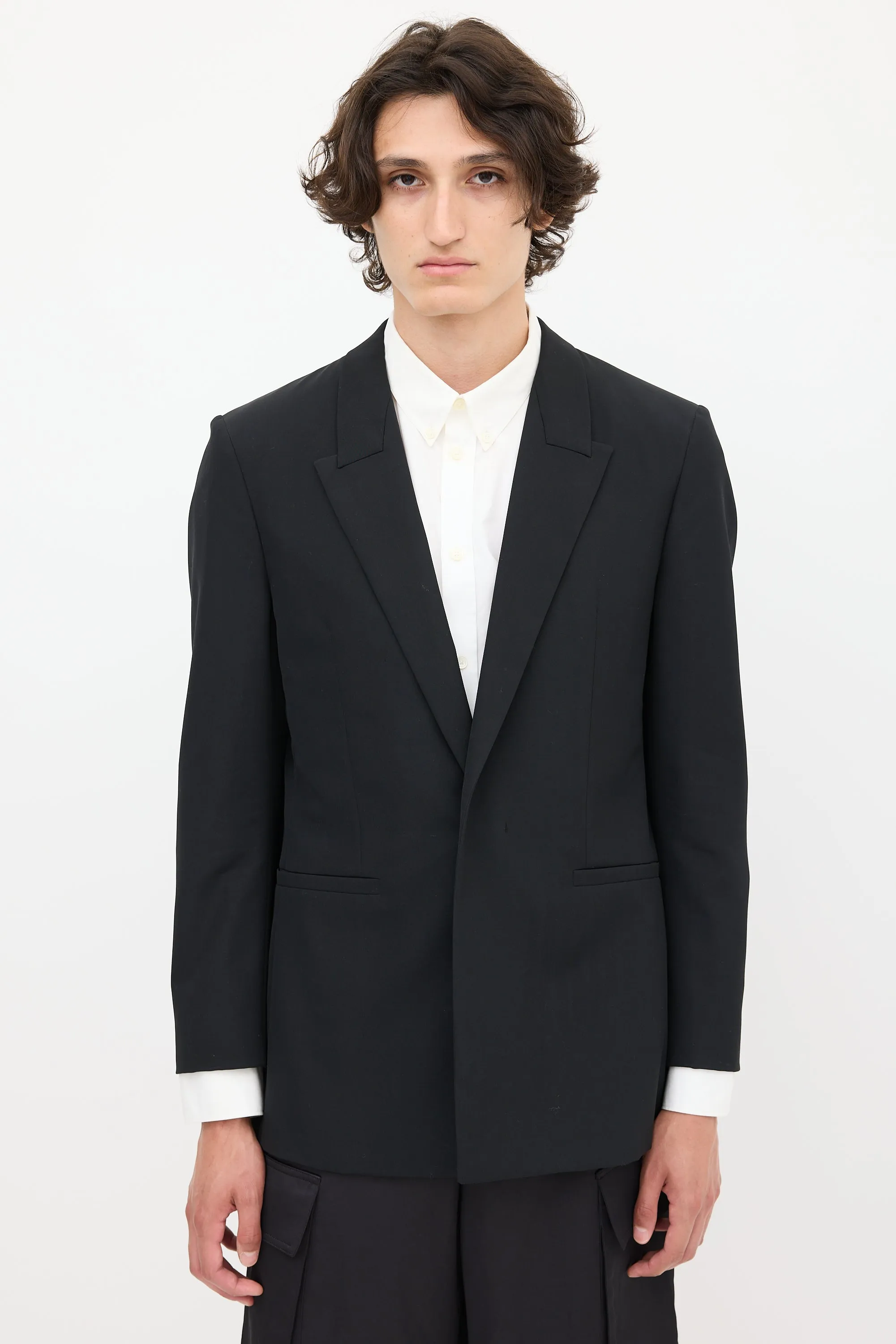 Black Wool One Button Blazer