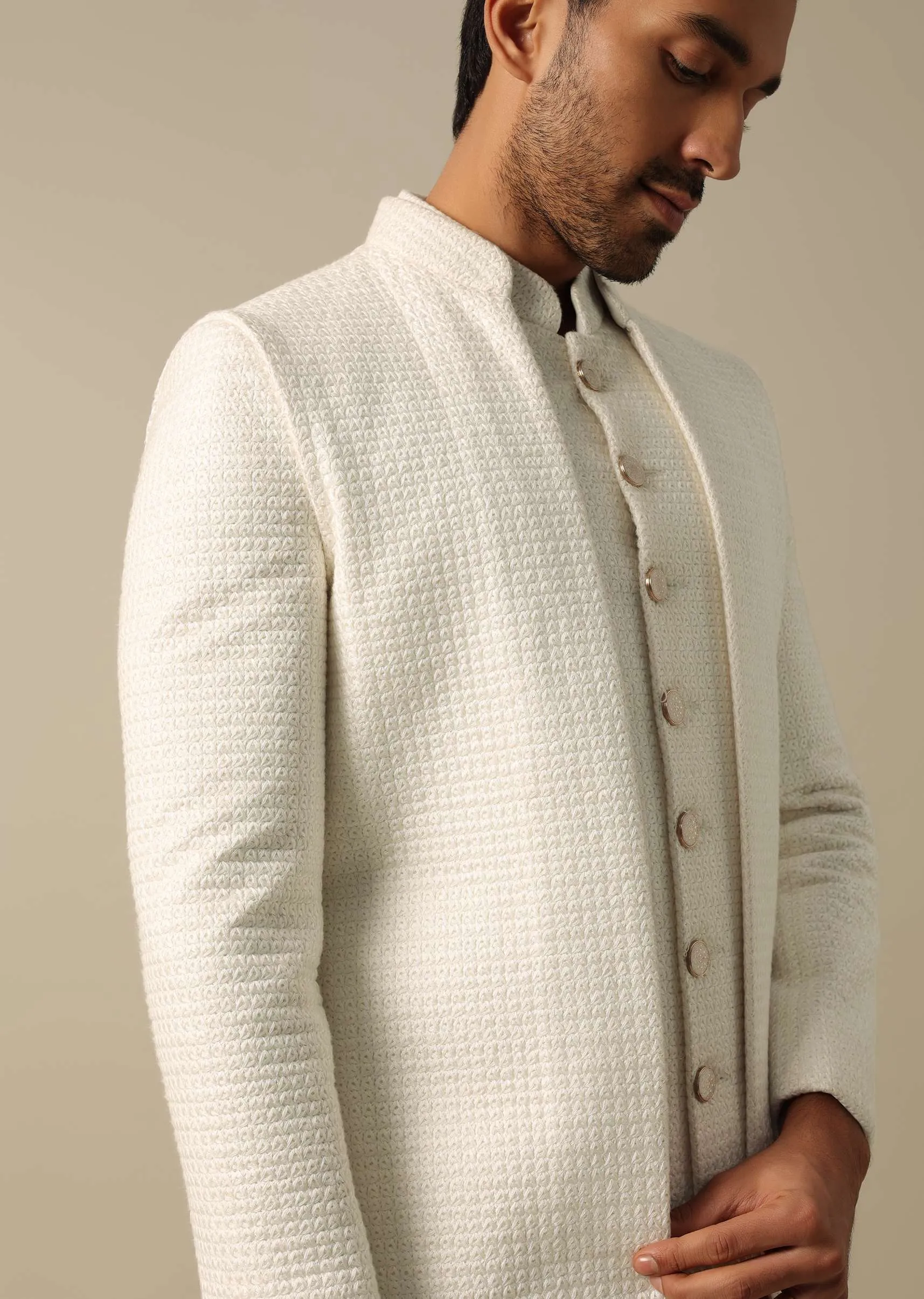 Classic White Textured Indowestern Set