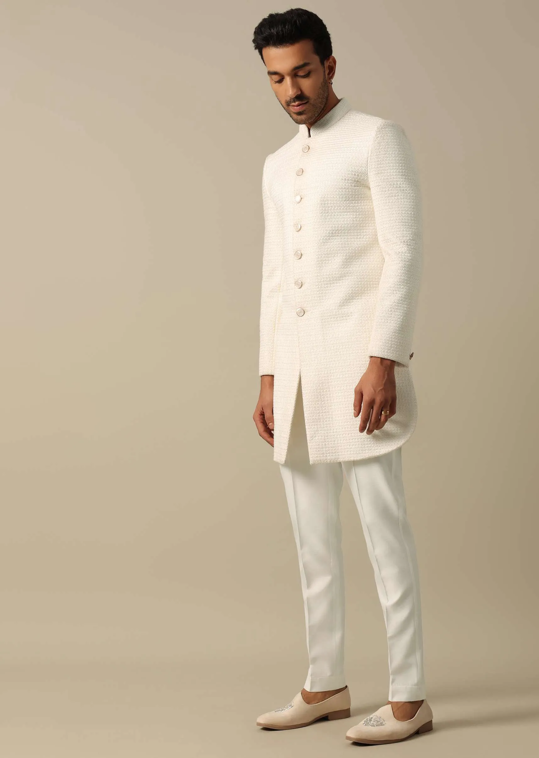 Classic White Textured Indowestern Set