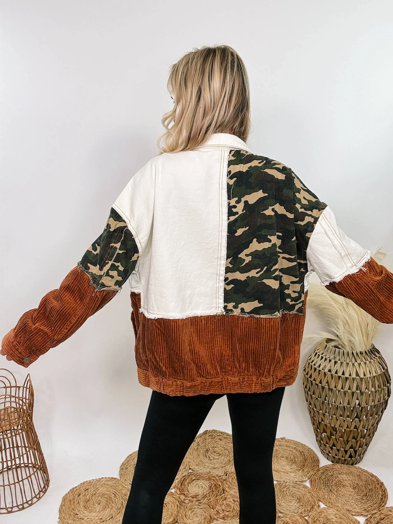 Cream and Camouflage Corduroy Button-Up Jacket