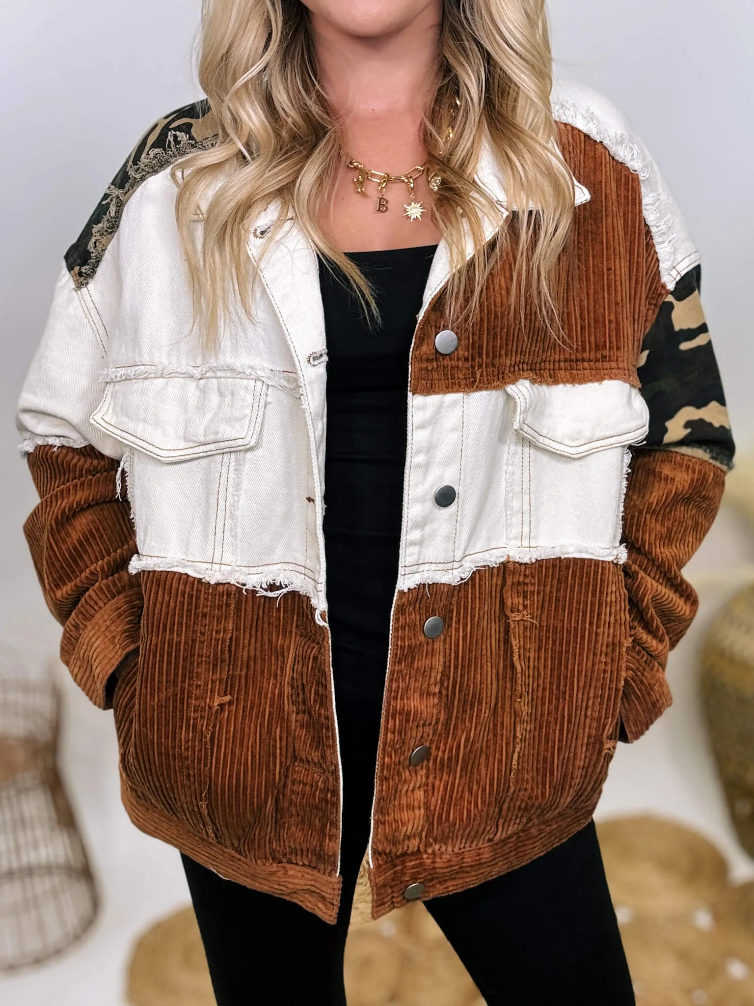 Cream and Camouflage Corduroy Button-Up Jacket