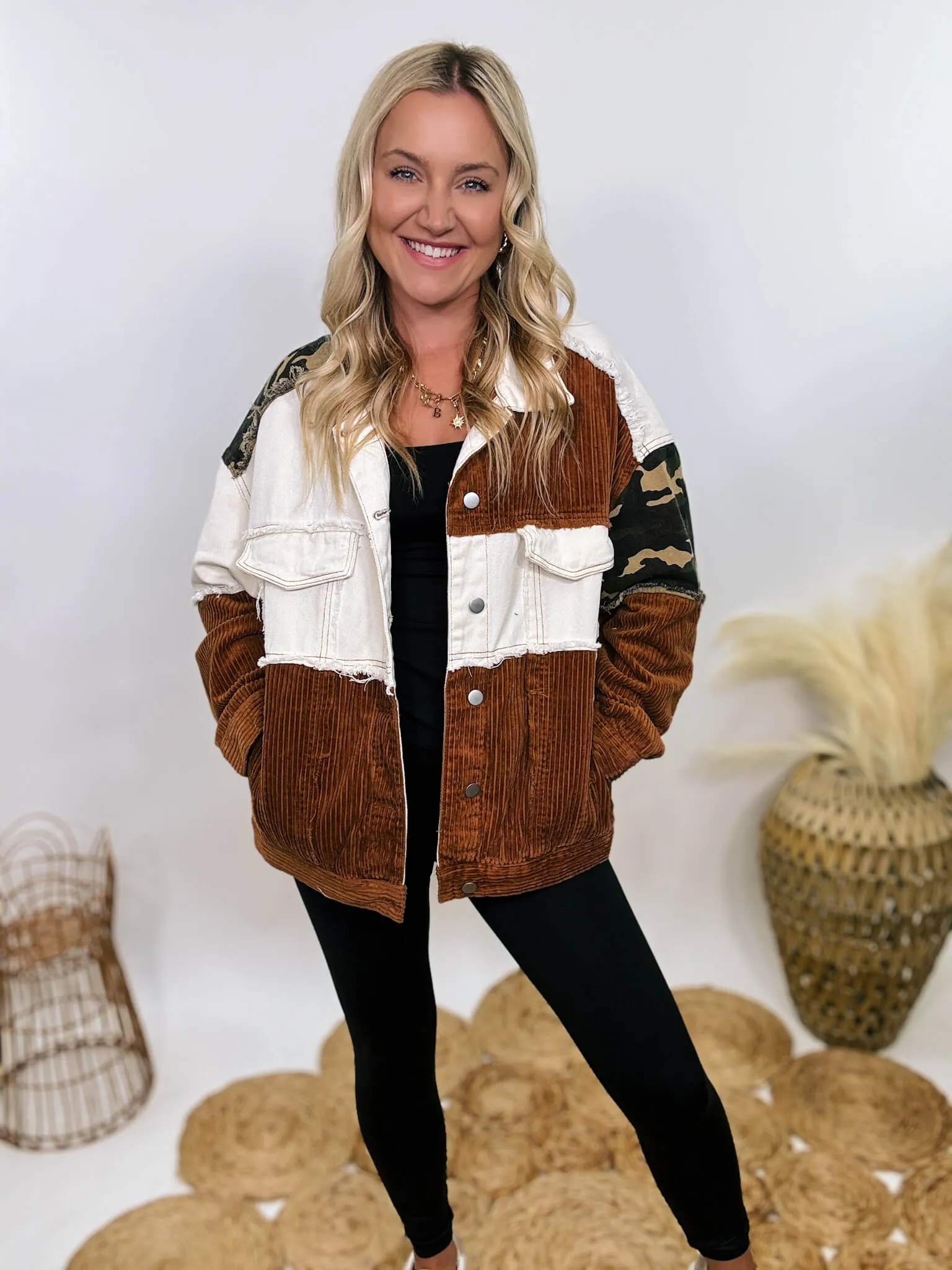 Cream and Camouflage Corduroy Button-Up Jacket