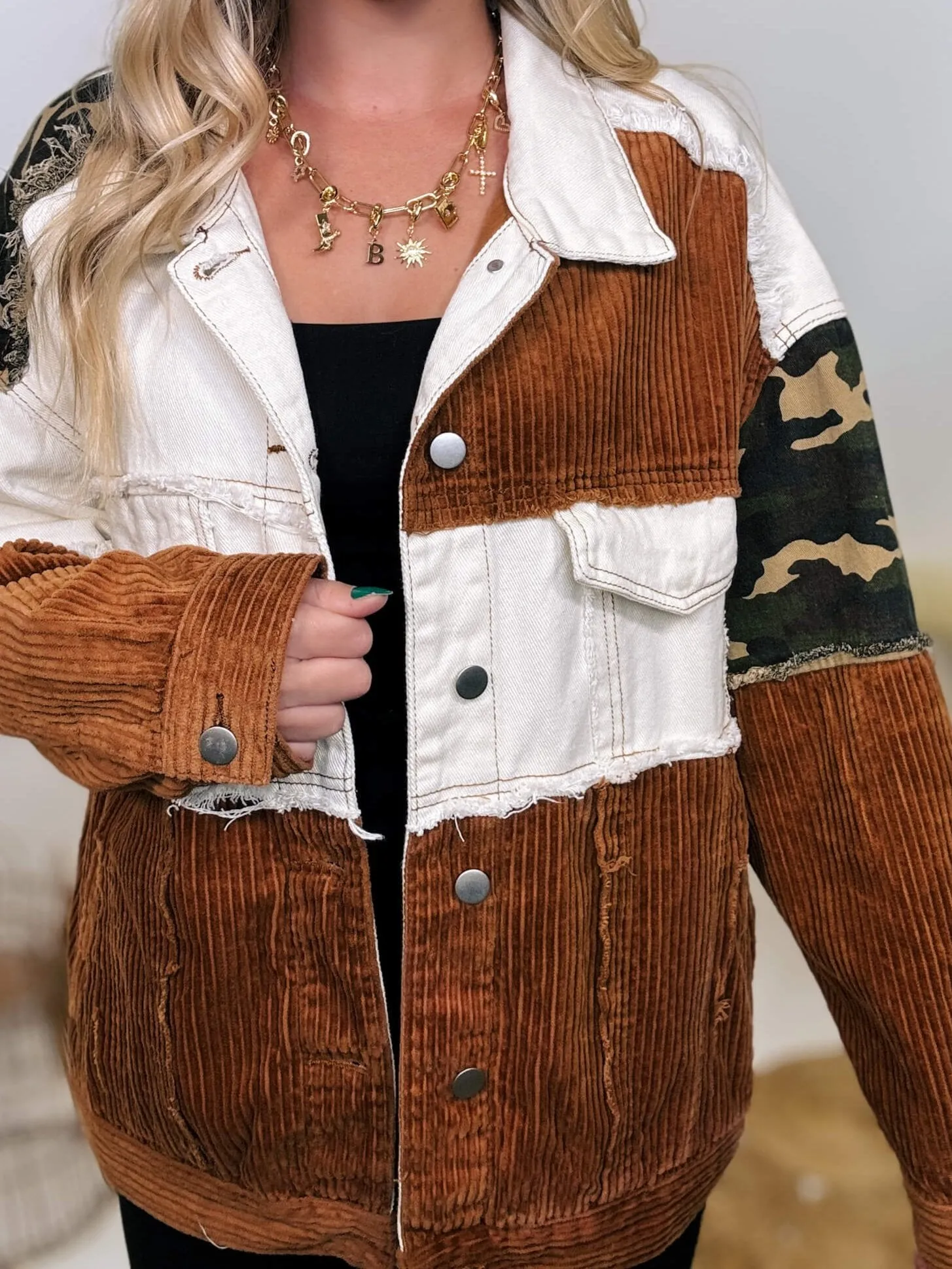 Cream and Camouflage Corduroy Button-Up Jacket