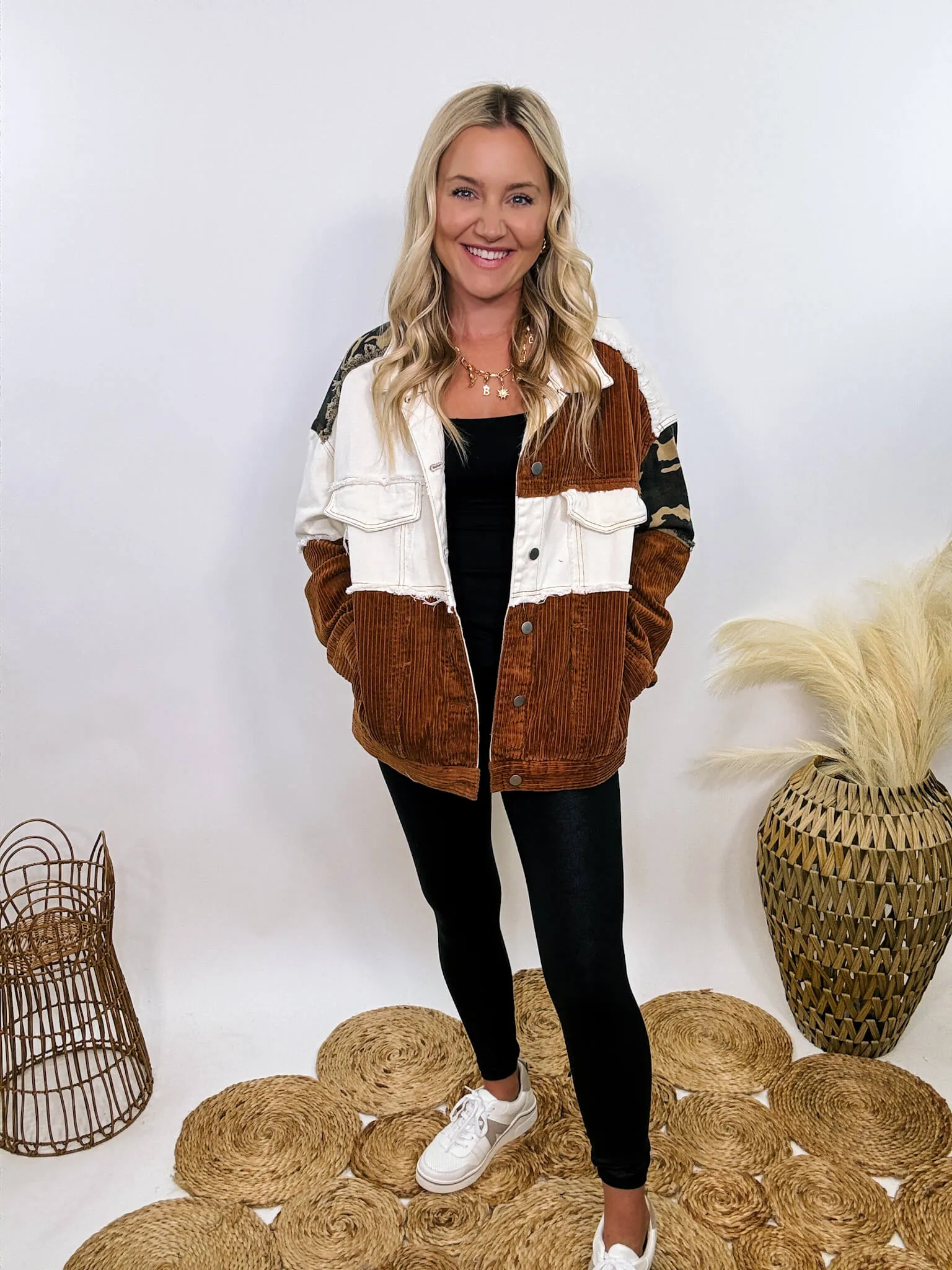Cream and Camouflage Corduroy Button-Up Jacket