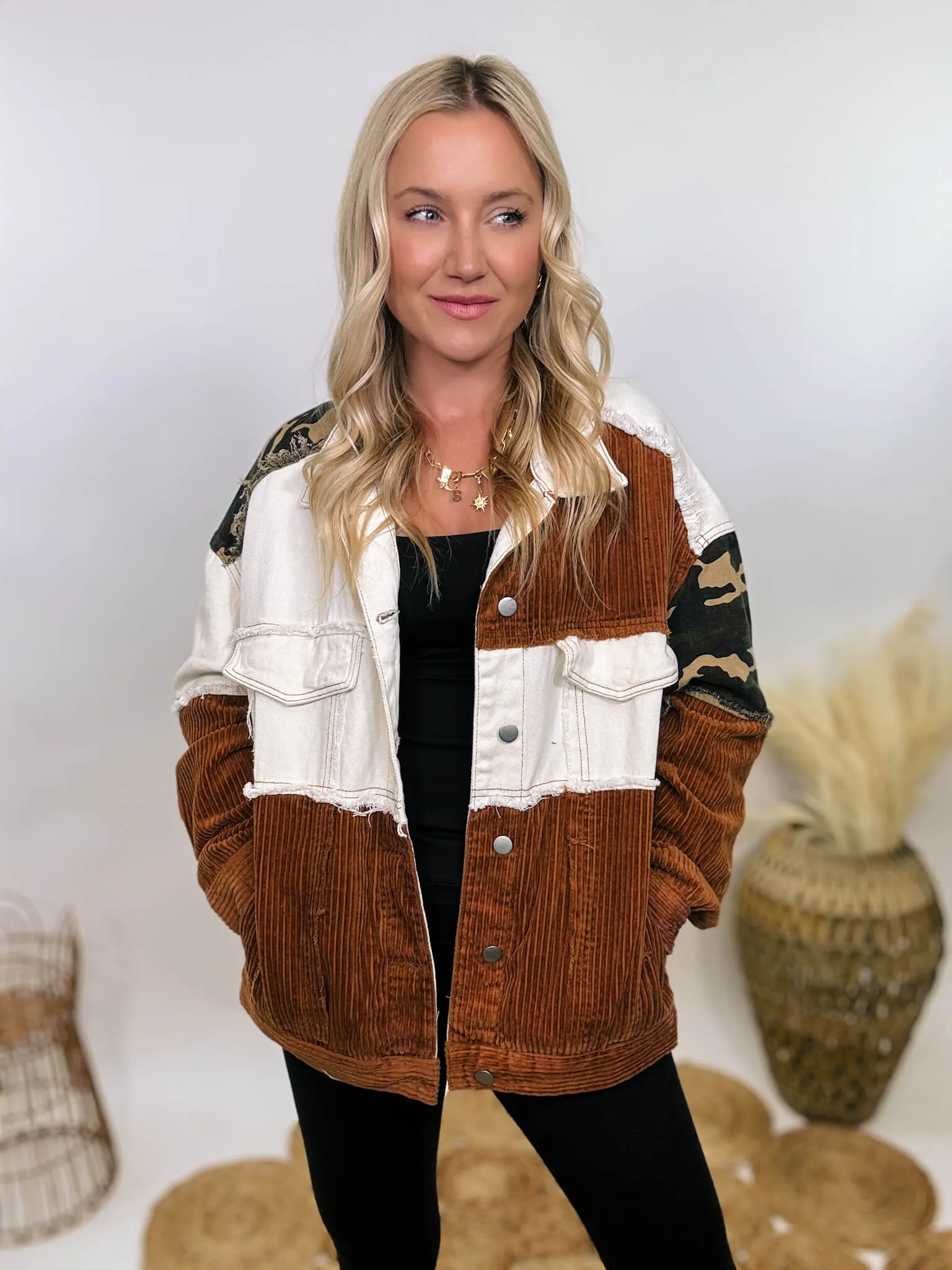 Cream and Camouflage Corduroy Button-Up Jacket