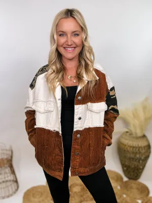 Cream and Camouflage Corduroy Button-Up Jacket