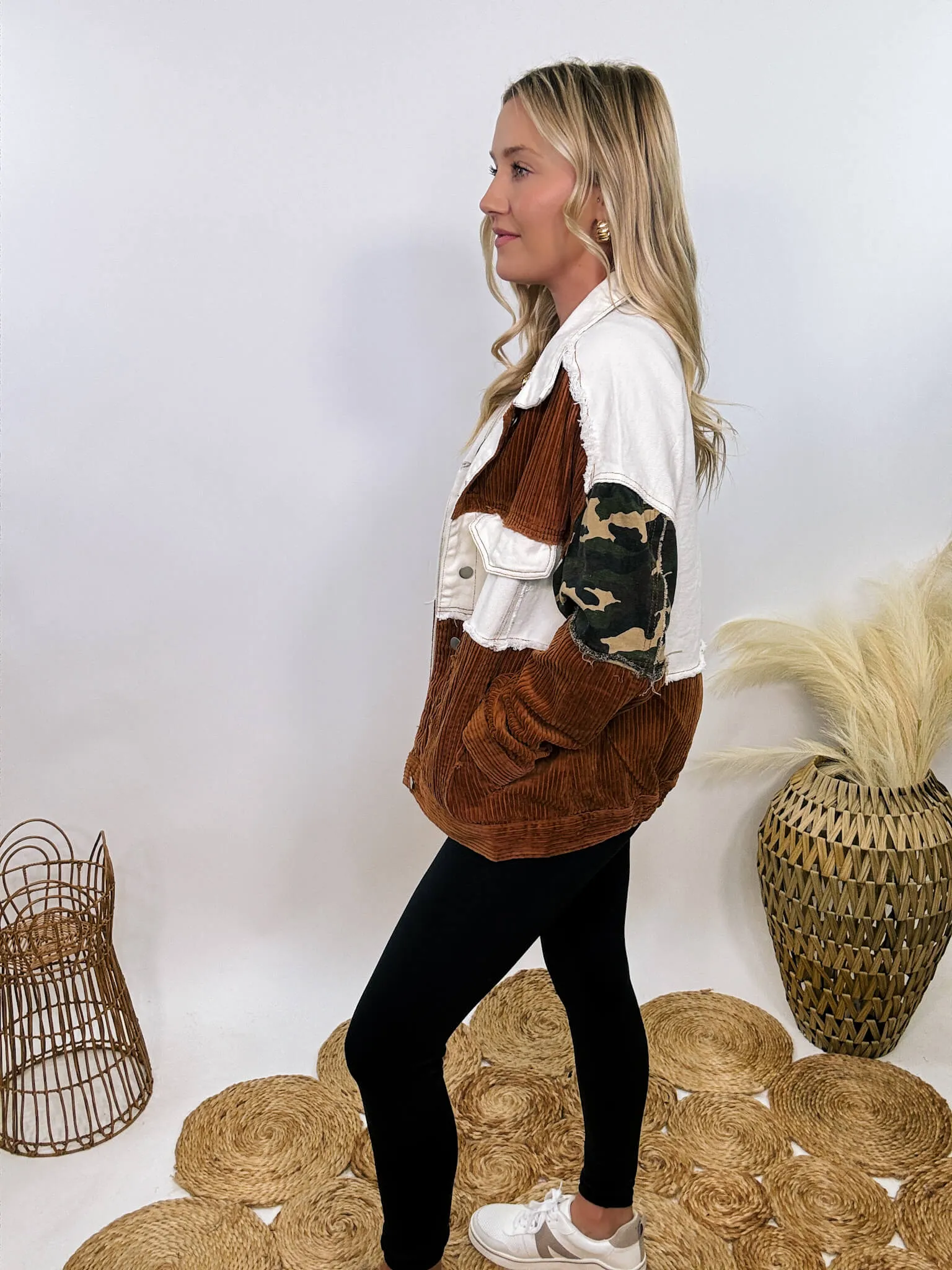 Cream and Camouflage Corduroy Button-Up Jacket
