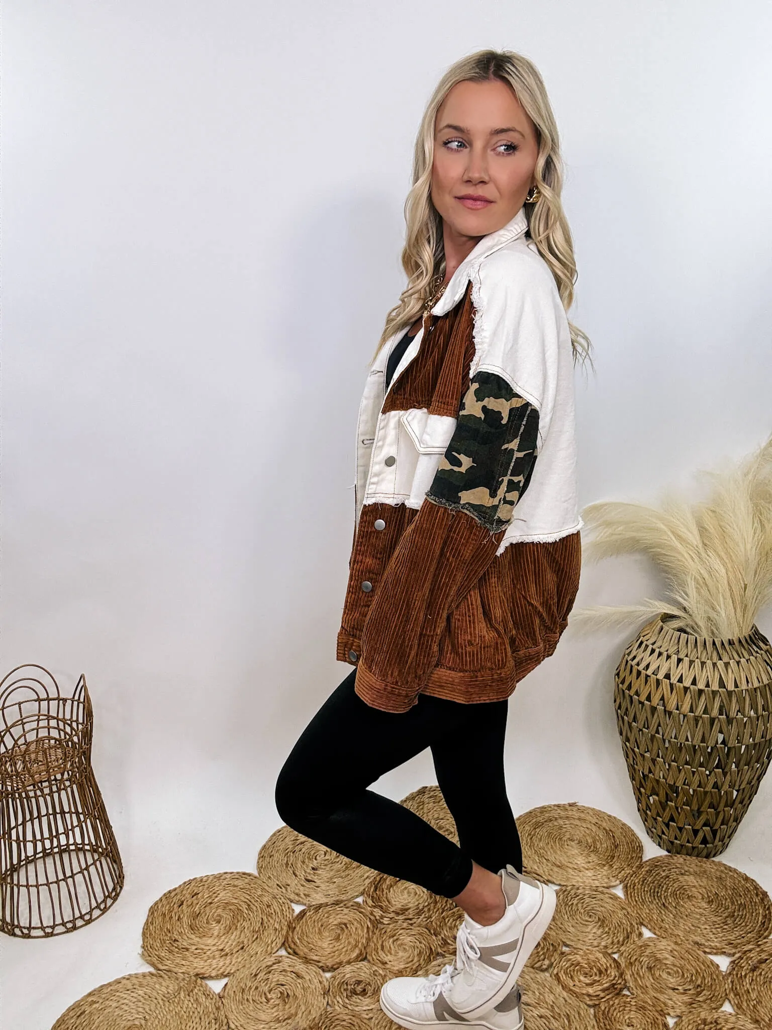 Cream and Camouflage Corduroy Button-Up Jacket