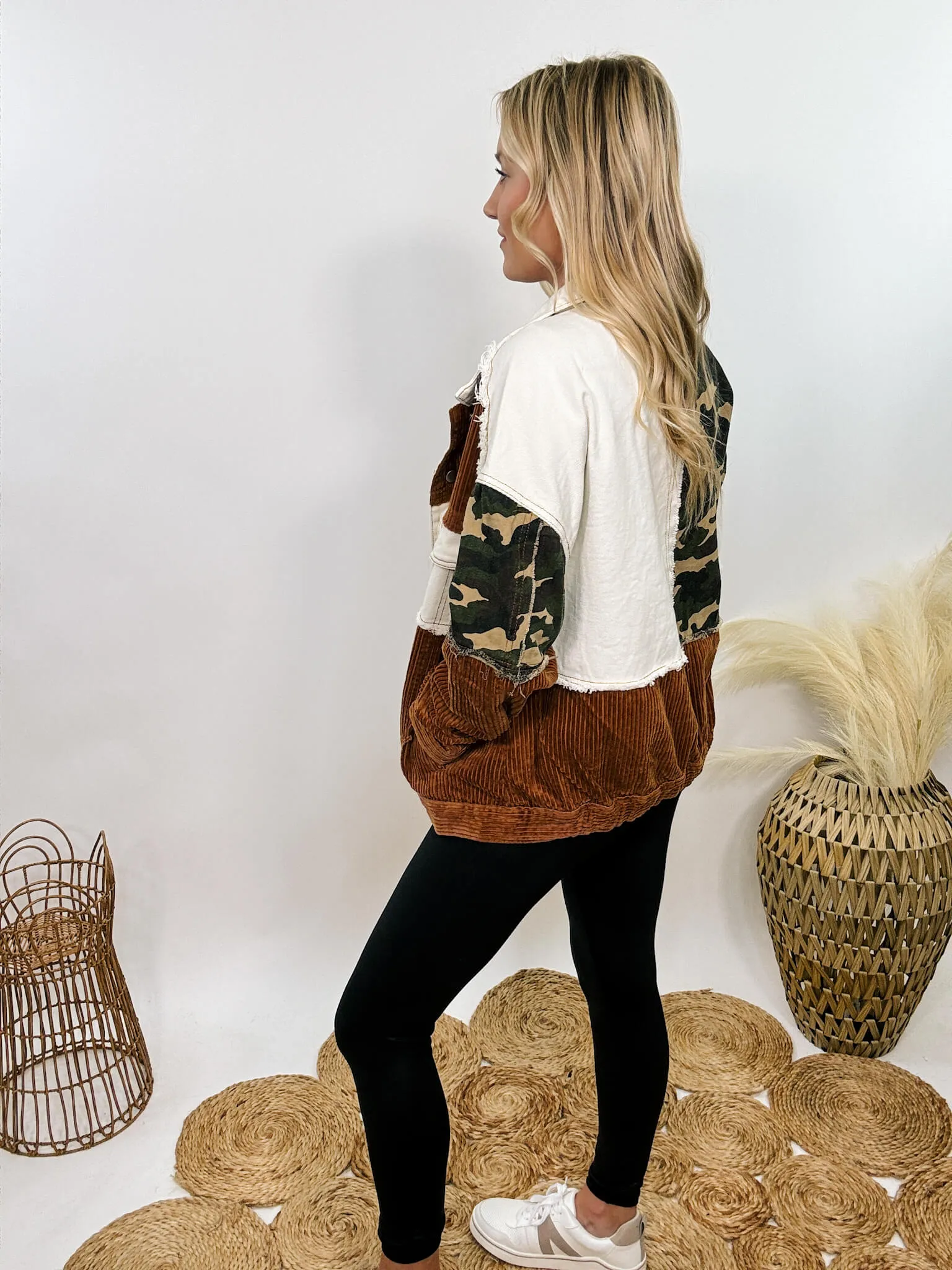 Cream and Camouflage Corduroy Button-Up Jacket