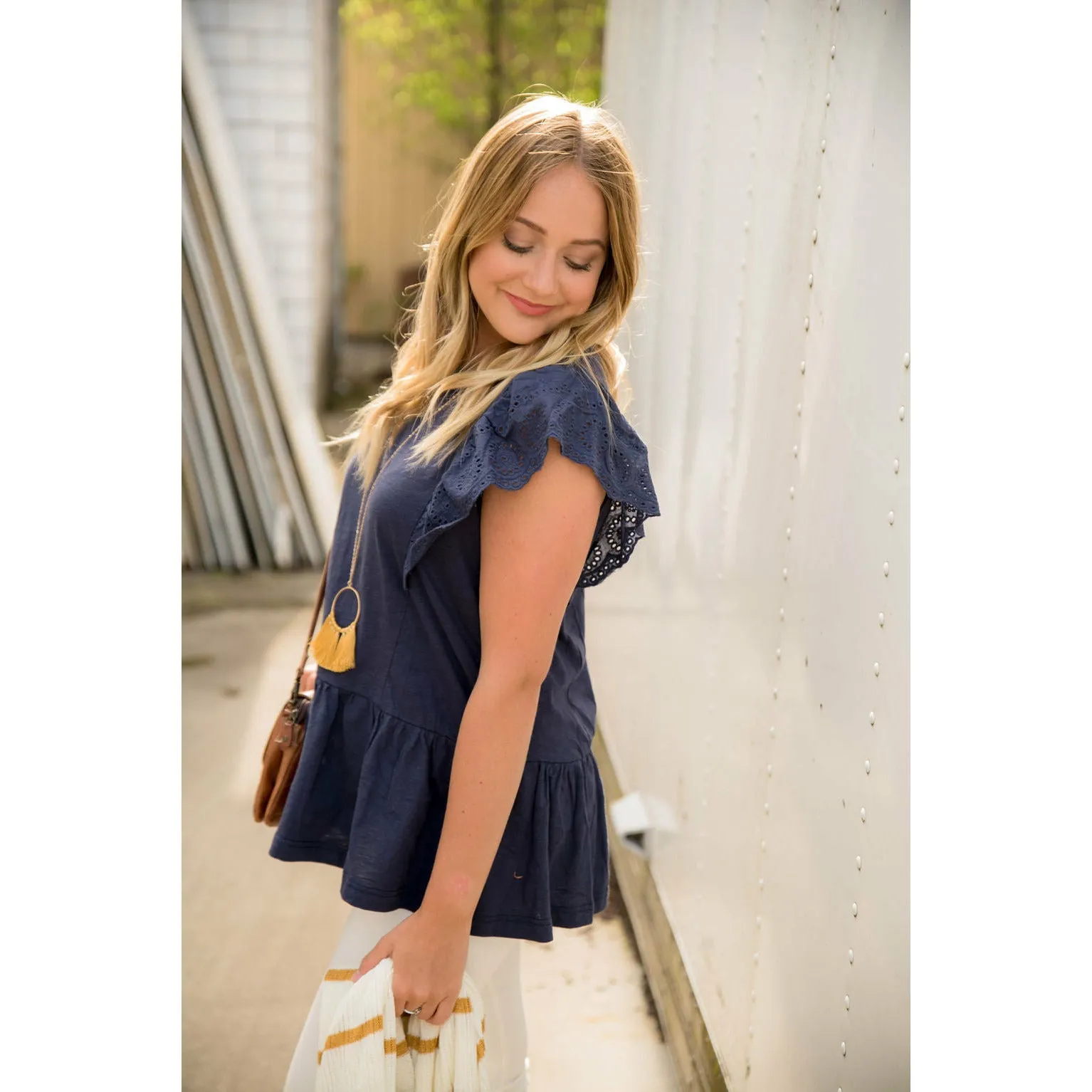 Eyelet Trim Peplum Tee