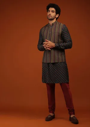 Insign Blue Nehru Jacket And Kurta Set In Striped Hand Block Print, Blue Kurta In Mandarin Collar Neckline And Full Sleeves.