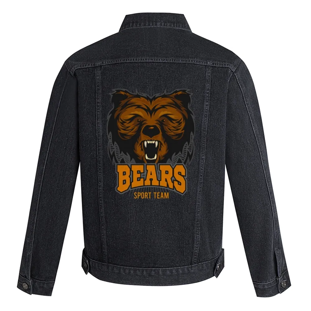 Mens Vintage Cartoon BEARS SPORT TEAM Prints Denim Jacket