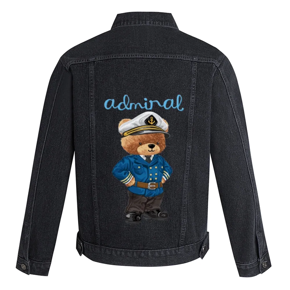 Mens Vintage Cartoon Cute Adminal Bear Prints Denim Jacket