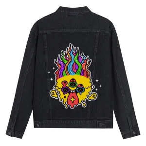 Mens Vintage Cartoon Prints Colored Hair Denim Jacket