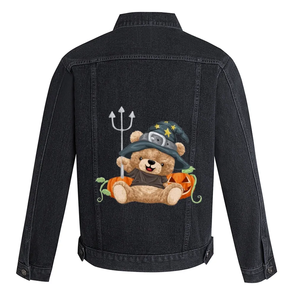 Mens Vintage Cartoon Prints Halloween Pumpkin Cute Bear Denim Jacket