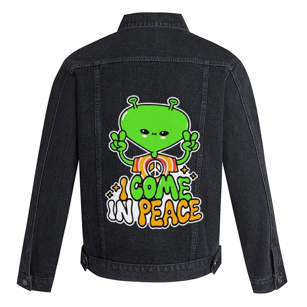Mens Vintage Cartoon Prints I COME IN PEACE Denim Jacket