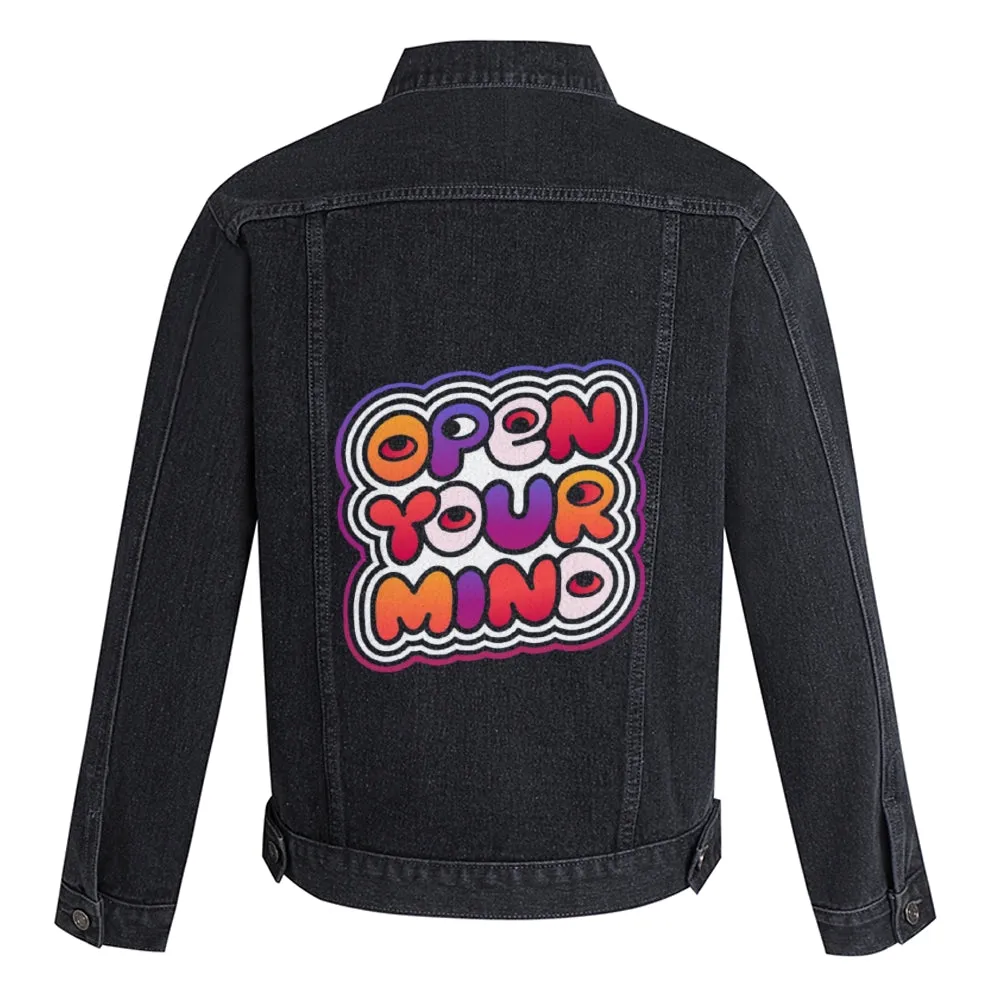 Mens Vintage Cartoon Prints OPEN YOUR MIND Denim Jacket