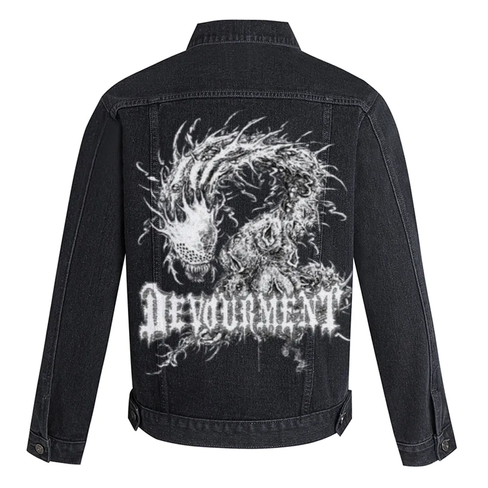 Mens Vintage Gothic Dragon Graphic Button Up Denim Jacket