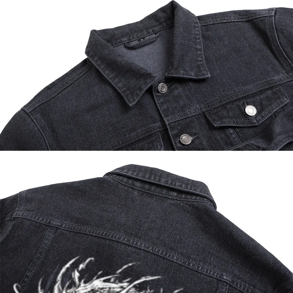 Mens Vintage Gothic Dragon Graphic Button Up Denim Jacket