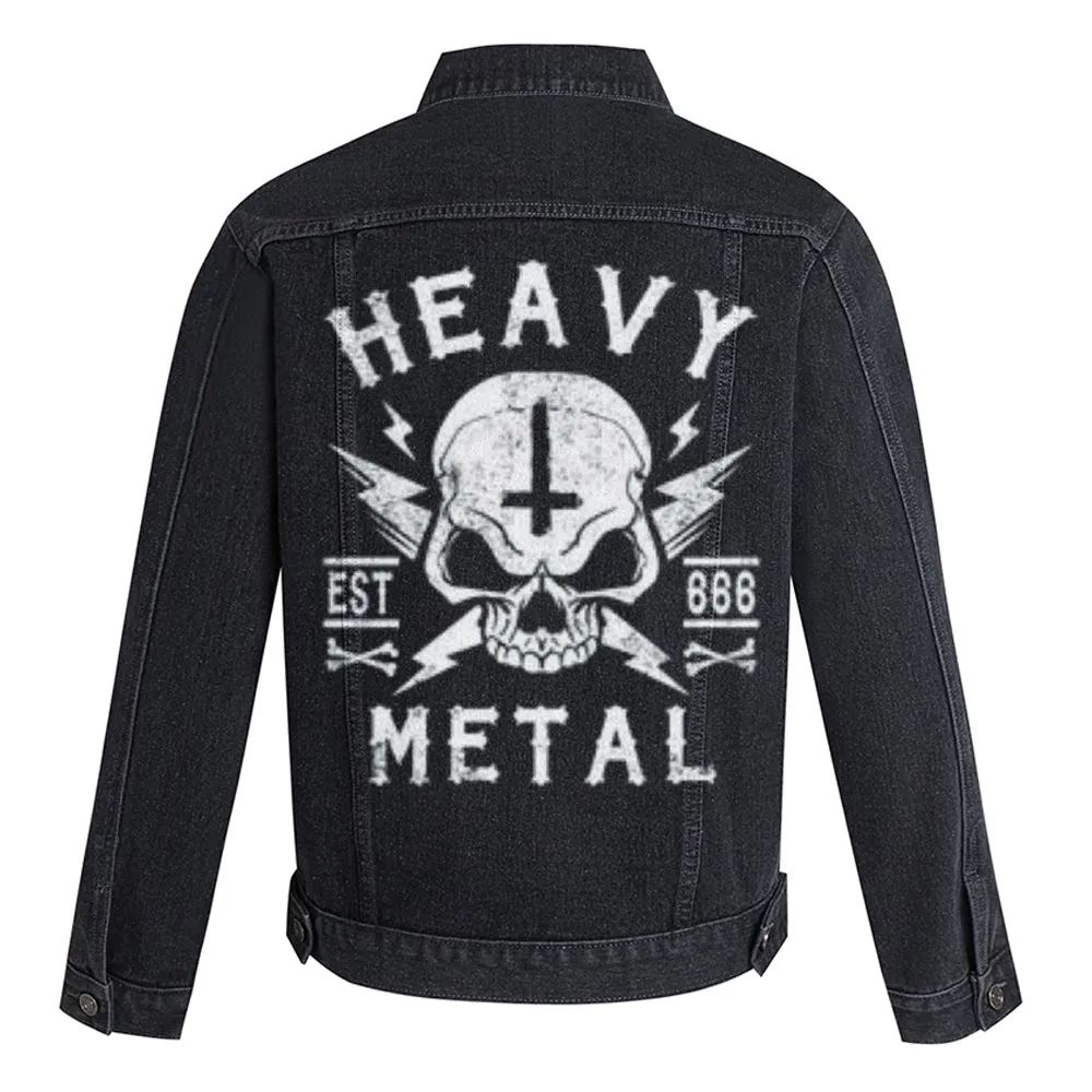 Mens Vintage Heavy Metal Skull Graphic Denim Jacket