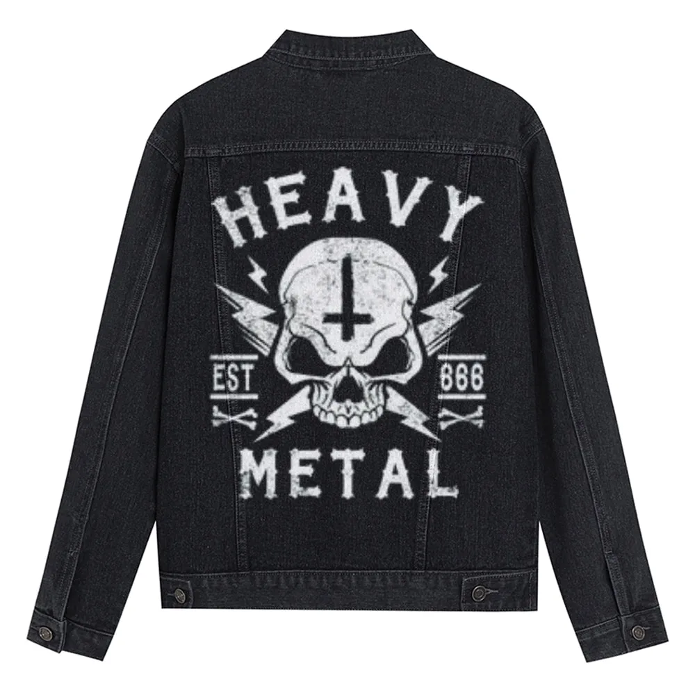 Mens Vintage Heavy Metal Skull Graphic Denim Jacket