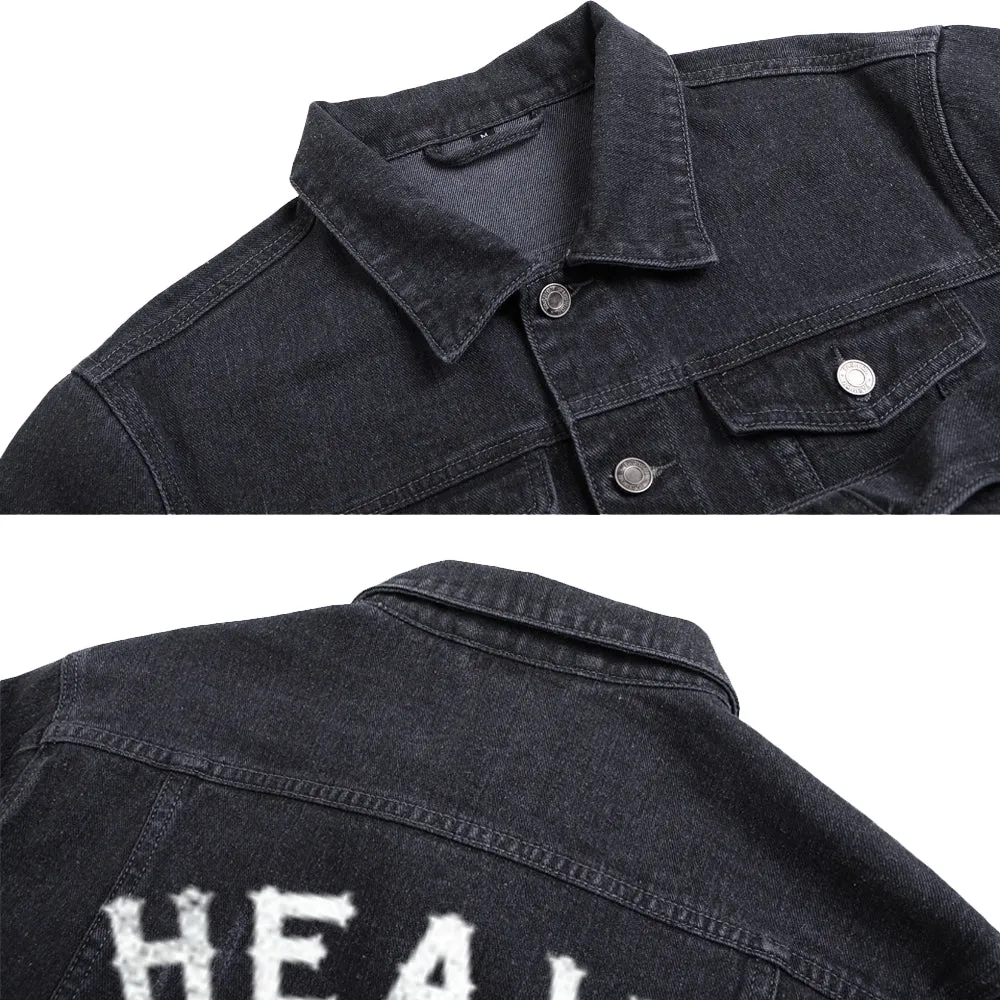 Mens Vintage Heavy Metal Skull Graphic Denim Jacket
