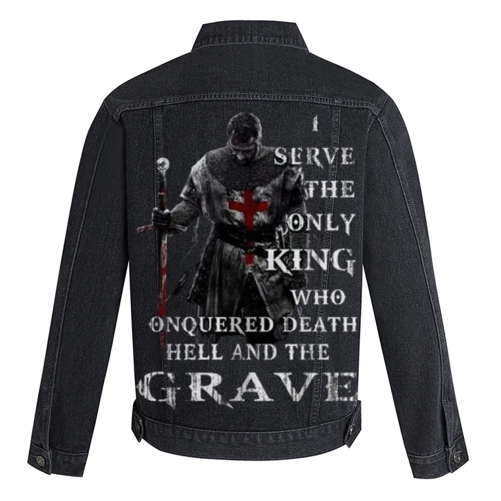 Mens Vintage I SERVE THE ONLY KING Graphic Denim Jacket