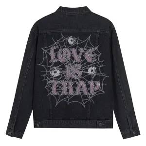 Mens Vintage LOVE IS TRAP Graphic Button Up Denim Jacket